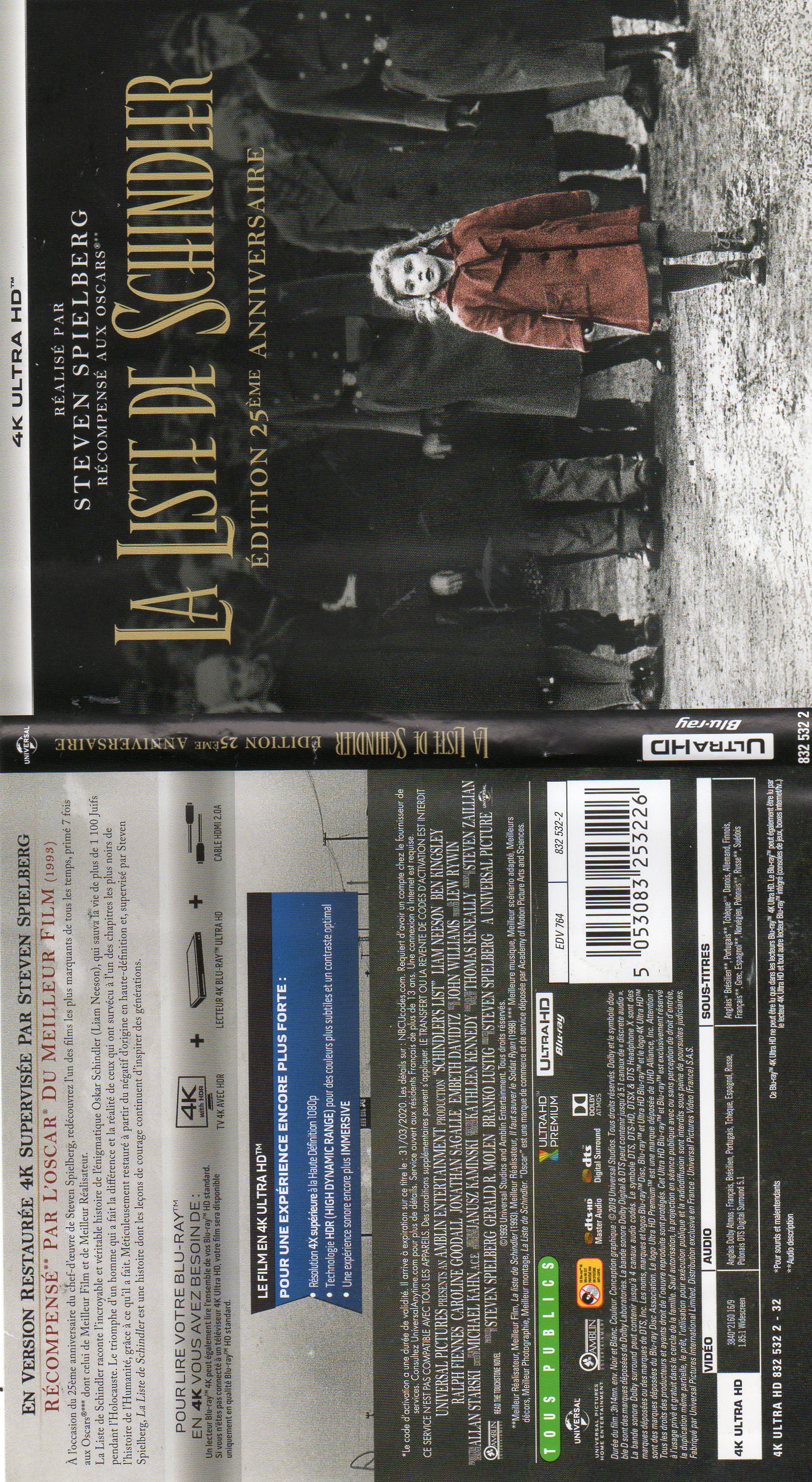 Jaquette DVD La liste de Schindler 4K (BLU-RAY)